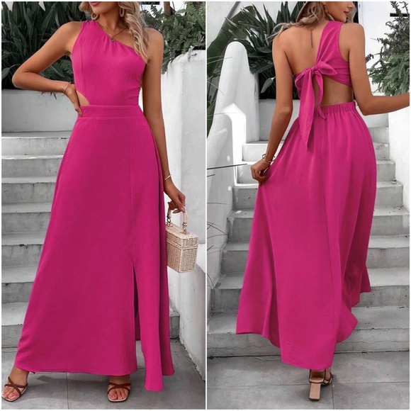 One shoulder Open Back cut out Slit Maxi Dress - Picture 6 of 7